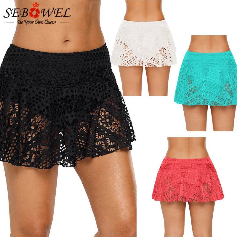 Women’s swim skirt layered -SEBOWEL Sexy Black Crochet Lace Skirted Bikini Summer Bottom One Piece Hollow Out Swimwear Skirt Women Swimsuit Swim Boyshorts