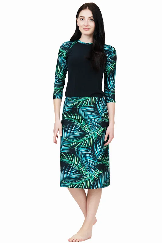 Women’s swim skirt artisanal -Tropical Leaves A-line Swim skirt