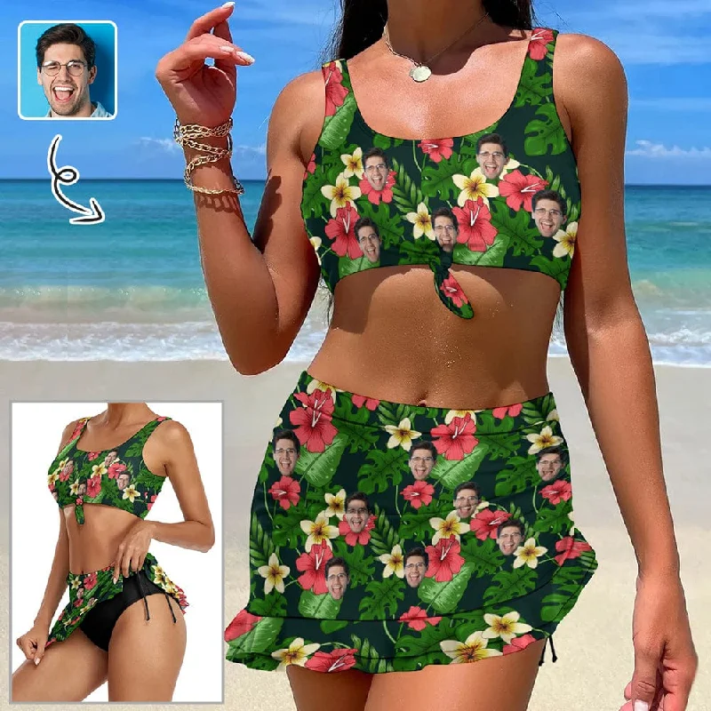 Women’s swim skirt sale -Custom Face Tropical Flower Bikini Set Personalized Drawstring Chest Strap Bikini Skirt