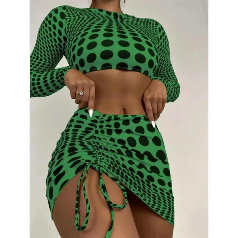 Women’s swim skirt imported -Women's Sexy Dot Printed Pleated Skirt Long Sleeve Top 3 Pieces Swimwear