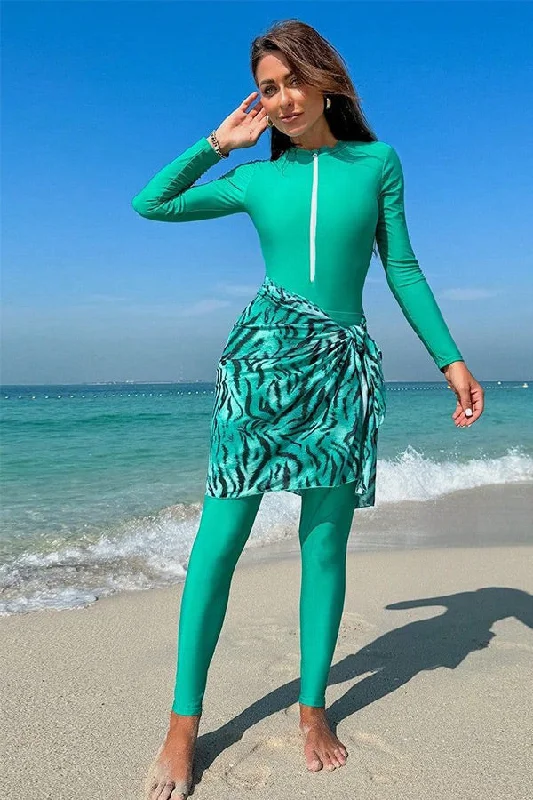 Women’s swim skirt modest -Women's Muslim Modest Front Zipper One-Piece Swimsuit UPF50+ Rash Guard With Skirt And Pants