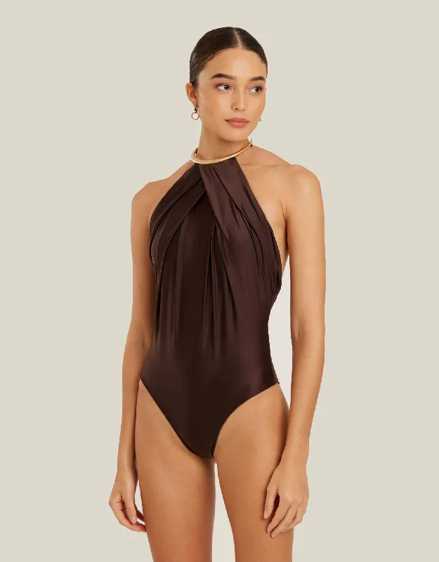 Women’s one-piece swimsuit lace-up -Collar One Piece Swimsuit Coffee