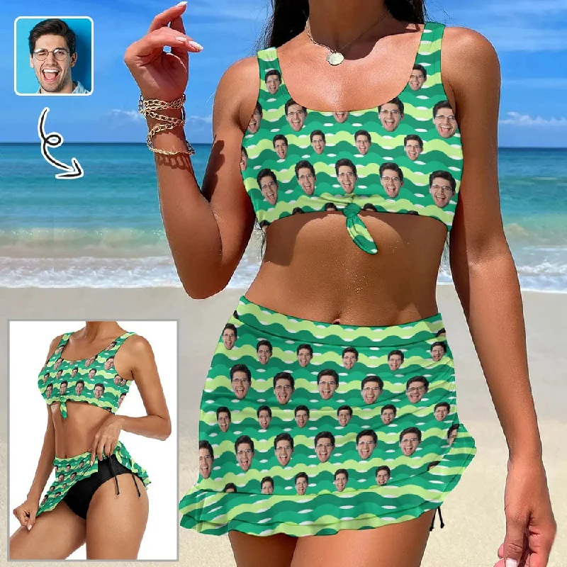 Women’s swim skirt leopard -Custom Face Green Bikini Set Personalized Drawstring Chest Strap Bikini Skirt