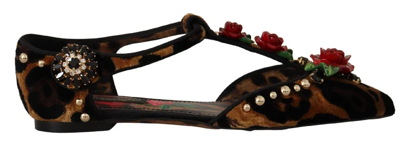 Women’s sandals ankle strap -Dolce & Gabbana Floral Embellished Leopard T-Strap Women's Sandals